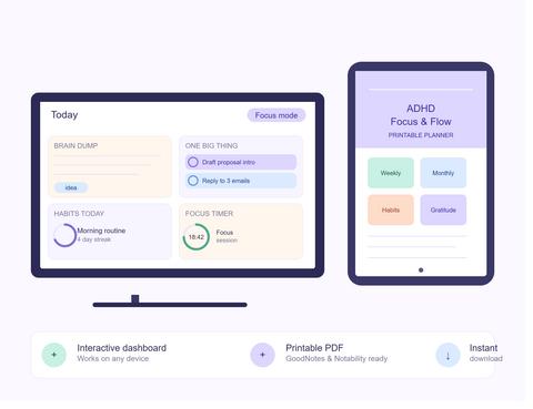 ADHD Focus & Flow Digital Planner — Interactive